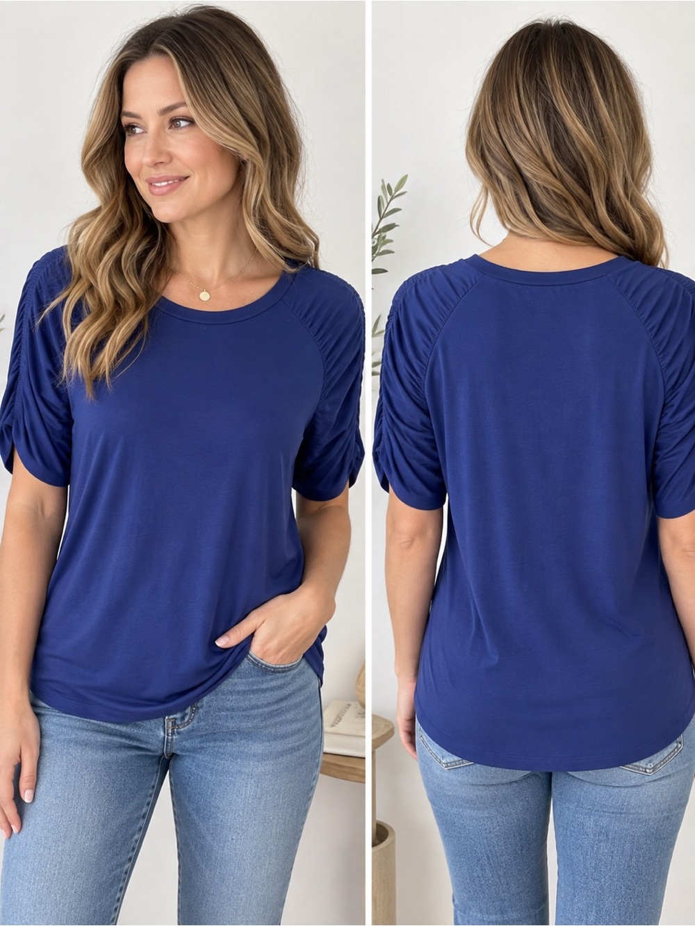 Lord & Taylor Navy Ruched Short Sleeve Tee